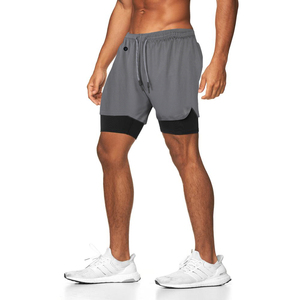 Shorts de sport gris pour homme à séchage rapide avec couche de compression intérieure, taille mi-haute, cordon de serrage, en tricot de spandex et polyester - Product Image 1