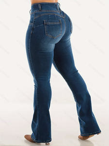 Pantalones vaqueros mini acampanados azules lavables con cierre de botones, de cintura alta, que realzan los glúteos, elegantes y sexys - Product Image 4