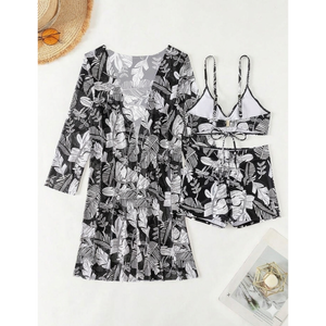 Women’s Tropical <b>Leaf</b> Print 3-Piece Swimwear Set with Cover-Up - Product Image 5