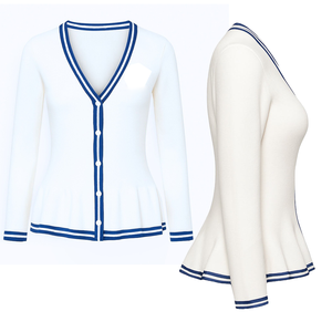 Cardigan en tricot blanc ZPB avec bordure bleue, col en V, manches longues, style classique, fermeture boutonnée sur toute la longueur, à porter en toutes saisons - Product Image 4
