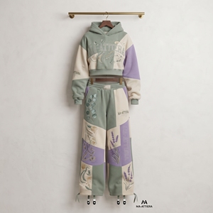Conjunto Deportivo de Sudadera con Capucha y Pantalones Anchos con Bordado Floral en Verde Salvia y Lavanda para Mujer, Ropa Urbana Personalizada - Product Image 4