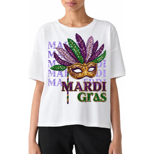 เสื้อยืดโอเวอร์ไซส์ผ้าฝ้ายสีครีมสำหรับผู้หญิง ดีไซน์ไหล่ตก ทรงหลวม ปักลายมาร์ดิกราส์ แขนสั้น - Product Image 2
