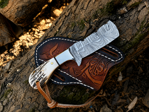 Cuchillo vaquero pequeño hecho a mano de acero de Damasco con mango de asta de ciervo, cuchillo Skinner para desollar, regalo para él, regalo de boda, regalos para hombres - Product Image 5