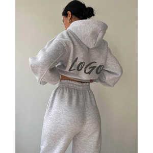 OEM Customized Logo 2 Pieces Outfit Fleece Sweatsuit Sweatpants Sportswear Hoodies Jogger <b>Set</b> Tracksuits for Women - Product Image 4