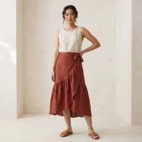 Jupe mi-longue en coton rouge brique à volants pour femmes, avec tissu léger, style moderne, coupe confortable pour tous les jours