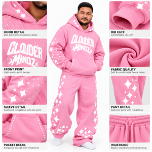 Ensemble survêtement polaire oversize REXFITSPORTS rose imprimé avec strass, unisexe, streetwear, vente en gros OEM - Product Image 6