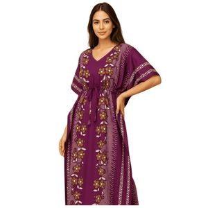 Robe Kaftan pour femmes, imprimé floral, longue chemise de nuit, col en V, taille nouée, vêtements de nuit d'été - Product Image 3