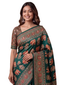 Green Digital Print Ajrak <b>Saree</b> With <b>Red</b> Motifs For Women Traditional Indian Wedding Wear Silk Fabric Floor Length Sari - Product Image 4