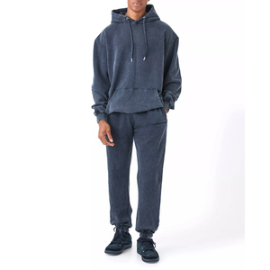 Ensemble de survêtement en coton lavé pour homme, couleur unie, coupe ample, décontracté, longueur intégrale avec poches latérales, vêtements d'automne - Product Image 1