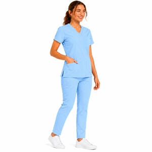 Ensemble de tenue médicale personnalisé pour femme, bleu clair, haut à col en V et pantalon, en coton et polyester tricoté, style jogger extensible, pour hôpital - Product Image 6