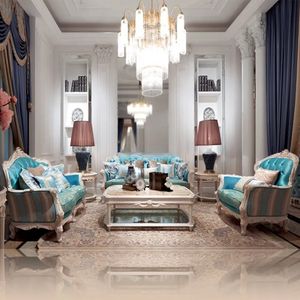 Juego de Sofás Seccionales de Madera Maciza Azul Clásico de Lujo, Ecológico, Muebles Elegantes para Sala de Estar, para Uso en Hoteles, Diseño Europeo - Product Image 1