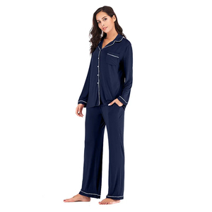 Ensemble de pyjama en jersey pour femmes, 100% coton, basique, hiver, uni, OEM, taille élastique, doux, respirant, manches longues, confortable - Product Image 1