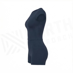 Women's <b>Navy</b> Blue Seamless Yoga Romper Short Sleeve Crew Neck High Waist Solid Color Activewear Set - Product Image 3