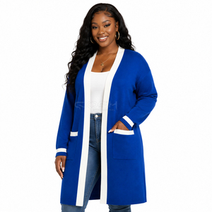 Cardigan long en acrylique Cosh International Sorority Sisterhood, bleu avec bordure contrastée blanche, col rond, manches longues, décontracté - Product Image 3