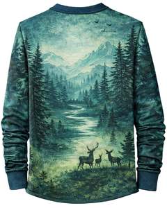 Camisa Henley para Hombre con Estampado de Montaña y Bosque, Color Verde Azulado, Manga Larga, Cierre de Botones, Estilo Casual para Exteriores, Ligera y Moderna - Product Image 2