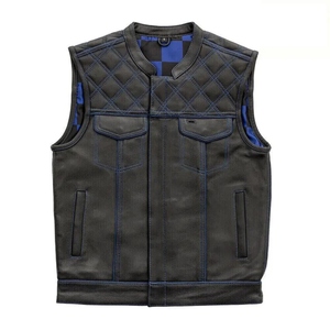 <b>Men</b>’s Premium Genuine Leather Quilted Motorcycle Biker <b>Vest</b> with Blue Checkered Lining and Utility Pockets - Product Image 2