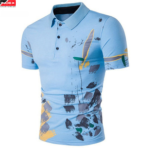Index Men's Light <b>Blue</b> Short Sleeve <b>Polo</b> <b>Shirt</b> With Hand-Painted Pattern Casual Regular Fit Breathable Knitted Fabric - Product Image 1