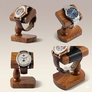 Wooden <b>Watch</b> Stand With <b>Black</b> <b>Leather</b> Pad Rectangle Holder Modern Handmade Tabletop Decoration - Product Image 5