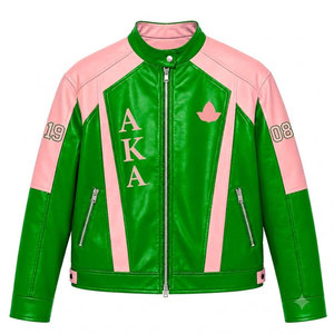 Alfa |   Kapa |   Chaqueta Universitaria de Cuero Sintético Alpha Sorority, Verde y Rosa con Estampado de Letras 1908, Cierre de Cremallera Completo, Chaqueta Casual para Mujer - Product Image 1