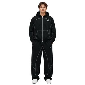 Ensembles de sweats à capuche et de joggers en molleton de coton surdimensionnés à fermeture éclair intégrale, avec surpiqûres contrastées, style streetwear, personnalisables en usine, pour hommes, vente en gros - Product Image 1