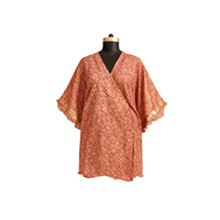 Kaftan de créateur en mélange de soie rouge à imprimé floral et feuille d'or, robe portefeuille à col en V, vêtement de nuit de luxe, longueur genou, fait main de haute qualité