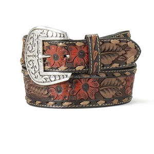 Cinturón de cuero de vaca occidental genuino 100% hecho a medida, 40mm con parte superior en relieve floral, Fabricante Mayorista indio, cinturón de herramientas - Product Image 1