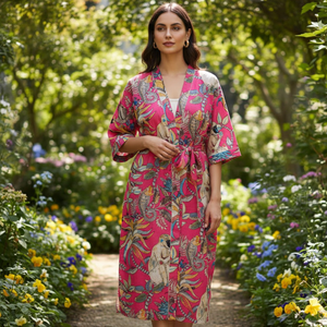 Robe de nuit kimono en coton biologique rose à motifs floraux, col en V, manches longues, tissée à la main, pour femme, prix usine, vente en gros - Product Image 4