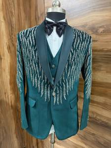Smoking de mariage vert émeraude pour homme avec embellissements en cristal |   Costume de marié 3 pièces |   Ensemble de blazer formel de luxe sur mesure - Product Image 1