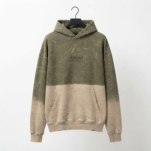 Sudadera con capucha para hombre, color oliva beige, con bloques de color, lavado ácido, efecto desgastado, gráfico topográfico, bolsillo canguro, venta al por mayor, ajuste cómodo - Product Image 2