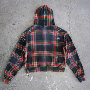 Custom Plaid Zip Hoodie Premium Textured Cotton Fabric Distressed Raw Edge Finish Cropped Streetwear Design OEM ODM Hoodies - Product Image 2