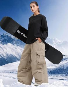 Pantalon cargo unisexe imperméable beige taille haute jambe large fermeture boutonnée pour adulte, idéal ski et neige - Product Image 3
