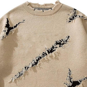 <b>Men's</b> Ripped Knitted Pullover Sweater Solid Color <b>Long</b> Sleeve Crew Neck Winter Front Logo Polyester/Cotton Slight Stretch - Product Image 5