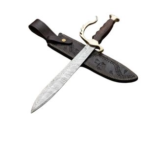 Couteau de chasse en acier Damas à pointe tombante avec manche en bois et étui en cuir, lame droite non réglable, lame simple - Product Image 1