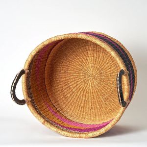 <b>Large</b> Capacity Woven <b>Storage</b> <b>Basket</b> with Leather Handles Pink Black Wave Detail Handcrafted Seagrass Bin for Blankets - Product Image 3