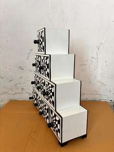 Meuble de rangement à double tiroir en fibres végétales peint à la main, noir et blanc, vintage, décoratif, fait main, gain de place, décoration intérieure - Product Image 3