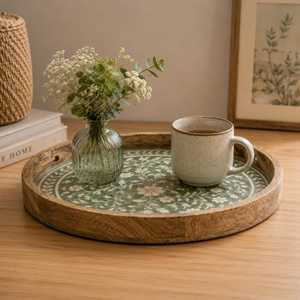 Bandeja Decorativa Redonda con Incrustaciones y Diseño Floral con Borde de Madera para Exhibición en Mesa, Venta al por Mayor - Product Image 2