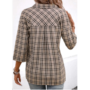 Chemise en popeline à carreaux vintage de haute qualité pour femme, col en V, poche poitrine, décontractée, manches longues, respirante - Product Image 3