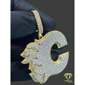 Lab Grown Diamond Iced Out " C " <b>Initial</b> Flame Pendant Hip Hop <b>Necklace</b> Luxury Bling Chain Custom Letter Gift - Product Image 1