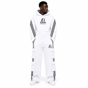 Conjunto de Sudadera y Pantalones Cargo de Dos Piezas para Hombre con Logotipo Personalizado, Sudadera con Capucha Gruesa de Color Sólido, Pantalones Cargo de Pierna Ancha, Ropa Urbana Holgada, 100% Algodón Felpa - Product Image 3