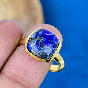 Natural Copper <b>Lapis</b> <b>Lazuli</b> Cushion Shape Gemstone <b>Ring</b> 18k Gold Micron over 925 Sterling Silver - Product Image 1
