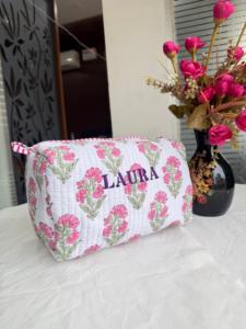 Juego de 3 bolsas de cosméticos hechas a mano con estampado de bloques de algodón al por mayor, bolsa de aseo para viaje para mujeres, organizador de maquillaje de viaje - Product Image 2