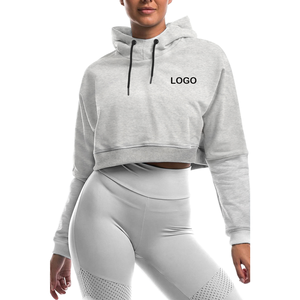 Sudadera Corta con Capucha Gris para Mujer, Manga Larga, Tejida, Color Sólido, Logotipo Frontal, Transpirable, para Otoño - Product Image 6