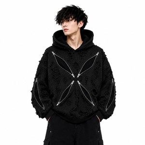 Sudadera con capucha extragrande de punto desgastado 100% algodón para hombre, con cremallera en la manga y bolsillo lateral, estilo casual urbano - Product Image 1