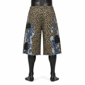 <b>Men's</b> Leopard Print Bermuda <b>Shorts</b> Mid Waist Patchwork Design With Denim <b>Patches</b> Street Style Elastic Waist - Product Image 2