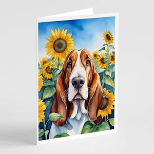 Whimsical Basset Hound in Sunflowers A7 Tamaño 5x7 Tarjetas de notas en blanco Paquete de 8 con sobres para saludos - Product Image 1