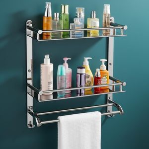 Stainless Steel 2 Tier Bathroom Shelf with Towel Holder Wall Mounted Bathroom Organizer Rack <b>Bath</b> Towel Bathroom Accessories - Product Image 1