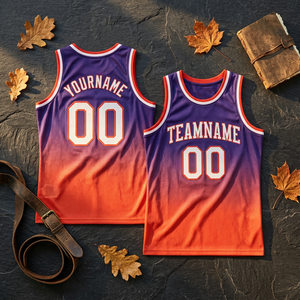 Camiseta de Baloncesto Sublimada Personalizada, Degradado Morado y Naranja, Sin Mangas, Unisex, para Adultos, Transpirable, de Malla, con Nombre del Equipo - Product Image 6