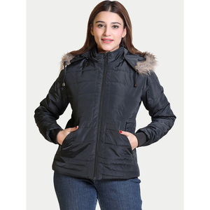Chaqueta Acolchada para Mujer con Capucha con Ribete de Piel, Cierre de Cremallera, Abrigo de Invierno, Manga Larga, Largo Regular, Color Sólido, Relleno de Poliéster - Product Image 1