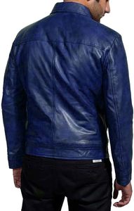 Men's Blue Genuine <b>Leather</b> <b>Jacket</b> Turn-down Collar Zipper Closure Solid Color Regular Length Casual Autumn Wear - Product Image 6
