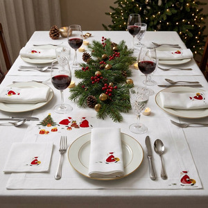Ensemble de nappes et de serviettes de table de Noël à motif floral brodé de luxe, 100% lin, lavable en machine, décoration de maison pour les fêtes - Product Image 1